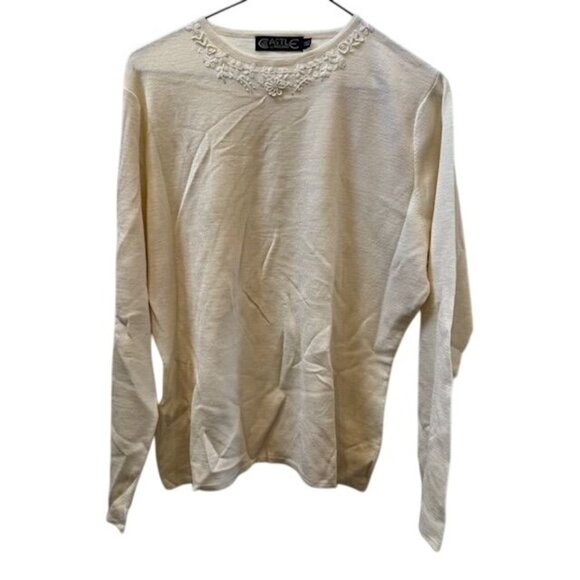 Castle Of Ireland Womens Ivory Embroidered Cotton Blend Long Sleeve Sweater Top - Picture 1 of 9